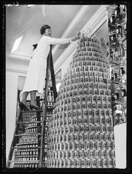 Canstruction old style. Baked beans display at the London Ideal Home Exhibition March 1936