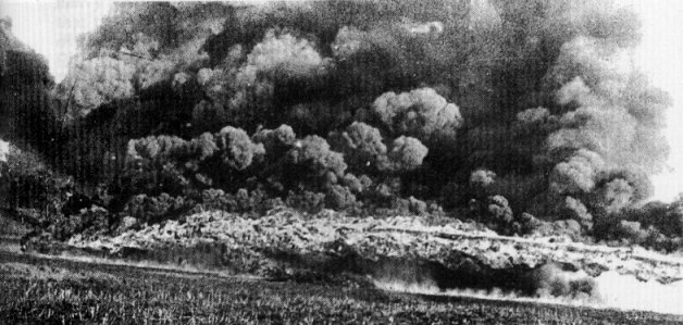 Liquid fire from the German lines opening the assault on the British positions around Hooge early morning 30th July 1915.